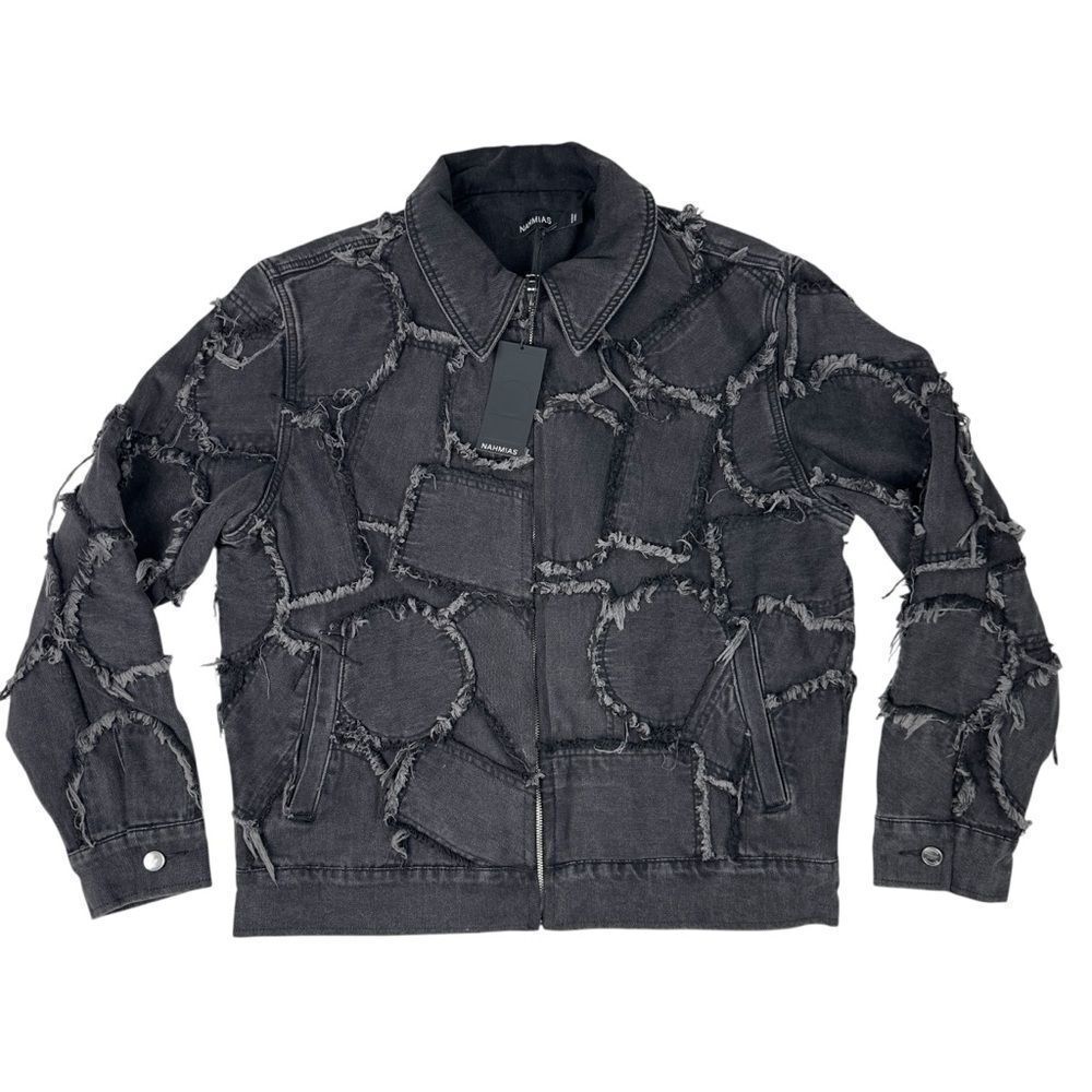 Nahmias Distressed Black Denim Patchwork Jacket Blazer Full Zip Mens Size M